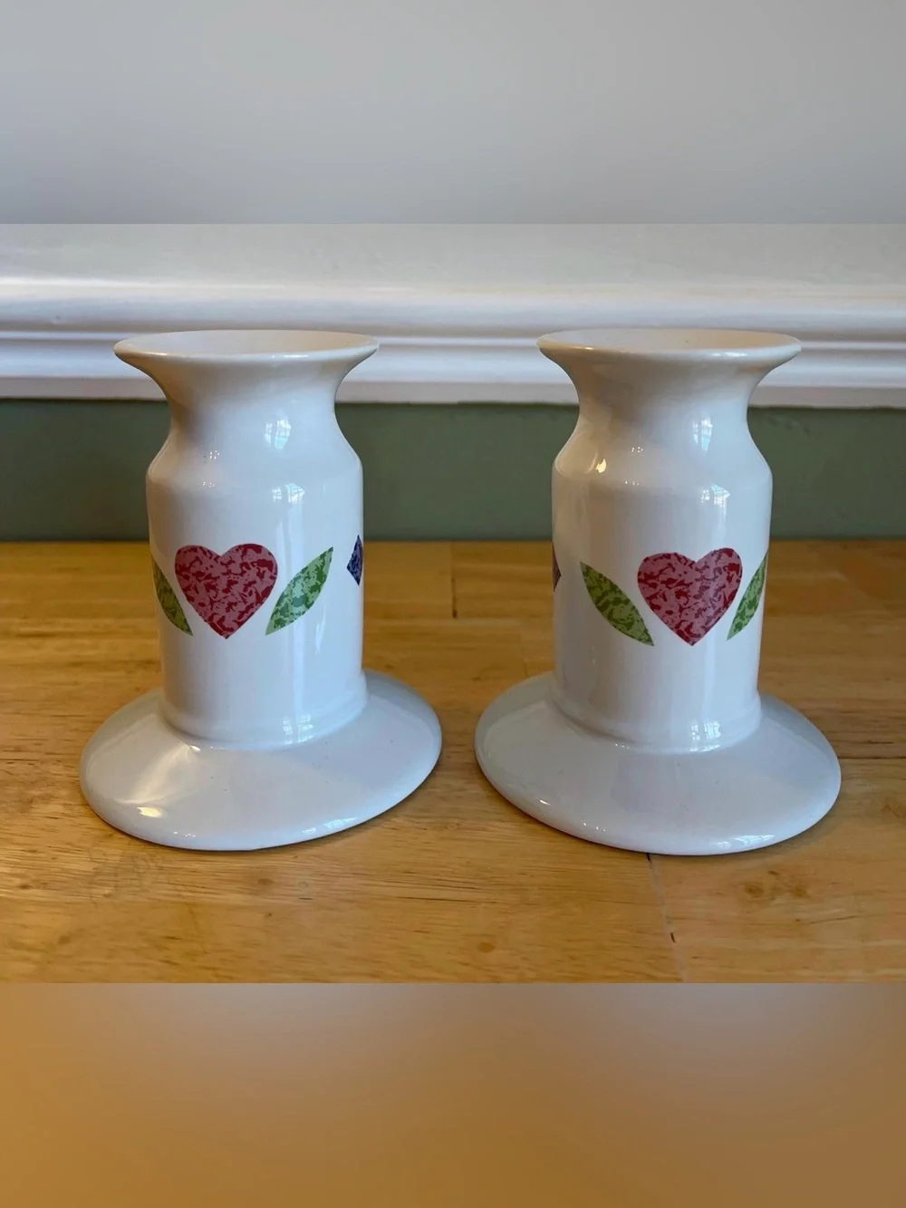 Corningware White Candle Holders set Quilt Heart pattern 4” /1994